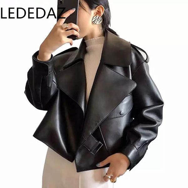 

women's leather & faux lededaz loose casual short jacket 2021 spring / autumn ladies plus size motorcycle black red