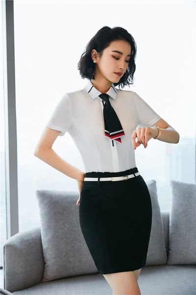 

plus size uniform styles women work suits with 2 piece and skirt for ladies office skirt suits summer short sleeve1, White;black