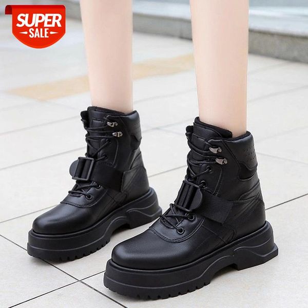 

lucyever punk buckle platform motorcycle boots women chunky heels pu leather ankle boots woman winter waterproof lace up booties #lv6x, Black