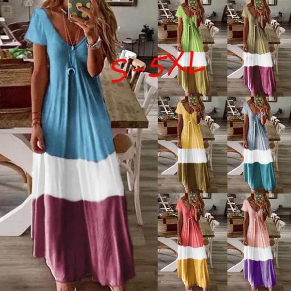 

summer maxi dress women gradient color block dress v neck short sleeve bohemian casual beach long dresses1, Black;gray
