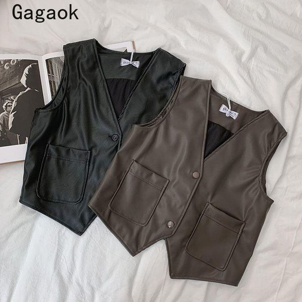 

gagaok fashion office lady pu vest women 2021 spring autumn new solid pockets v-neck slim wild simple outwear korean vests k3980, Black;white
