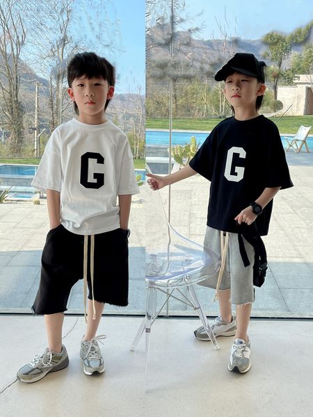 

children tracksuit boys girls sets summer baby letters cotton t-shirt with shorts 2pc/suits fashion toddler casual outfits, White