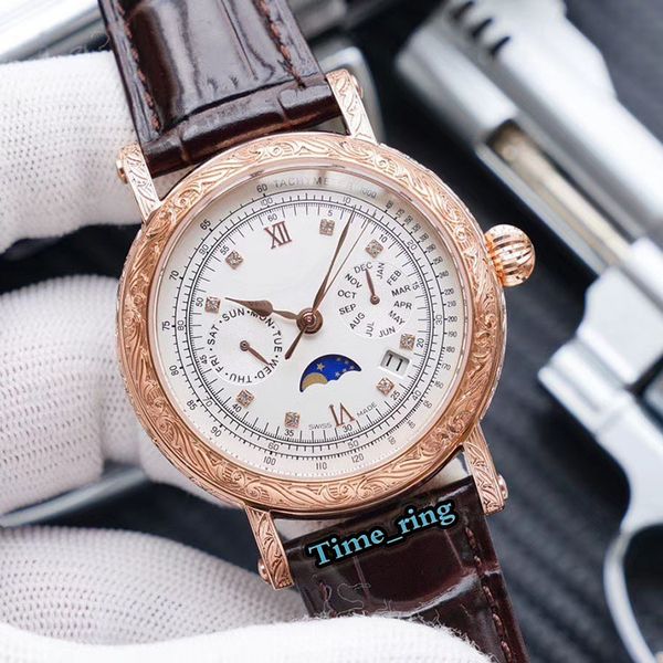 

version 5271p-001 white date dial rose gold carved case 9100 automatic mechanical movement sapphire mens watch leather strap luxry watch, Slivery;brown