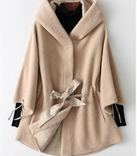 

rabbit fur coat womens long rabbit fur sleeves vintage style leather outwear drop shipping good quality, Black