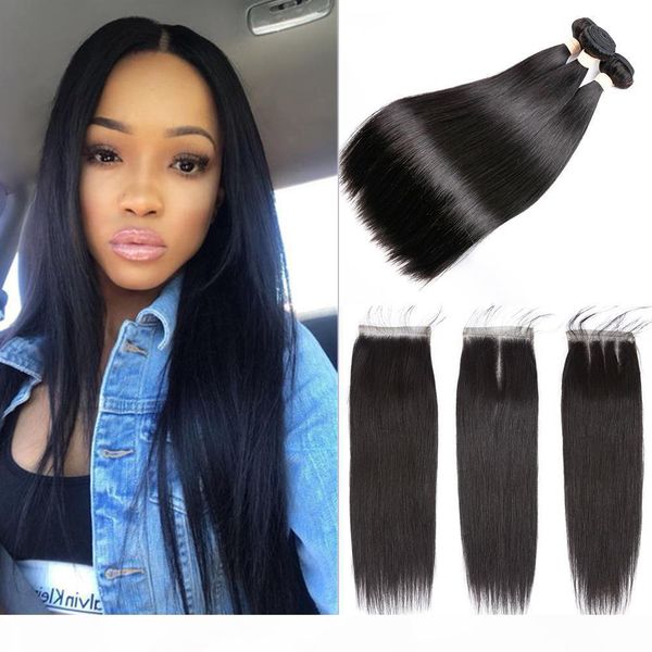 

8a brazilian straight human hair bundles with closure 100% unprocessed virgin hair 3 bundles with lace closure natural color brazilian hair, Black