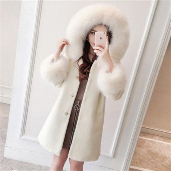 

women's fur & faux classic imitation collar hooded women coat white pink mid-length jacket warm winter clothing, Black