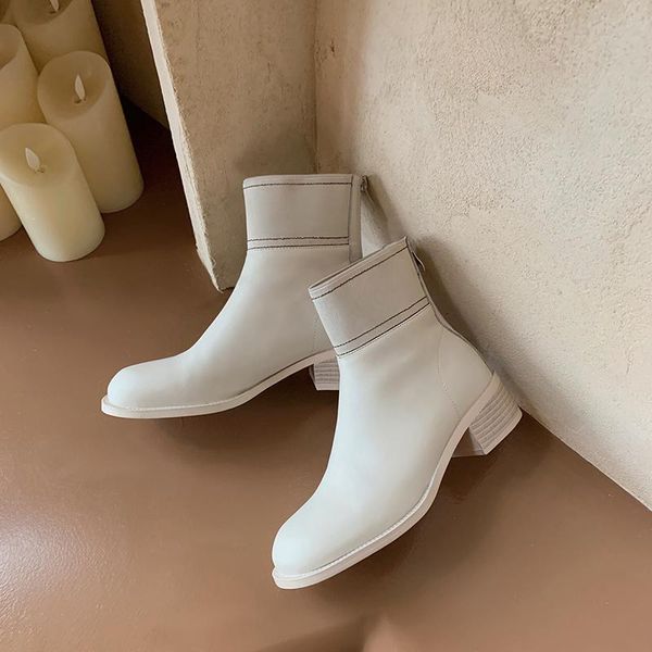 

elastic band cow leather ankle boots for women autumn winter square toe thick med heels shoes woman party casual boots, Black