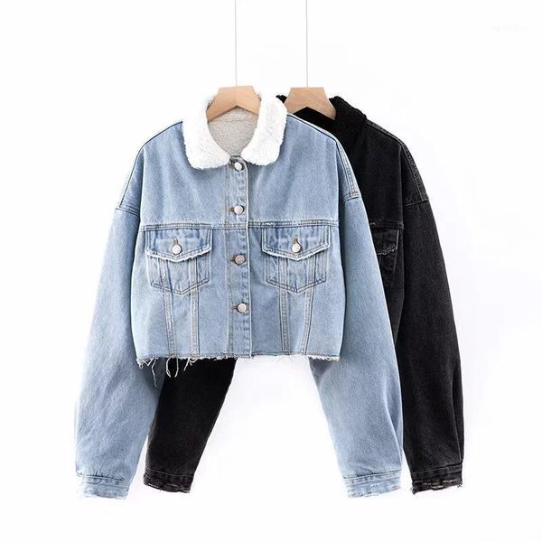 

new streetwear trend lamb short denim jacket autumn and winter women's plus-velvet denim jacket jeans coat winter clothes women1, Black;brown