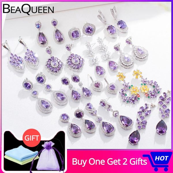 

dangle & chandelier beaqueen romantic big flower drop purple crystal long earrings for women statement heart oval round square cz ear jewelr, Silver