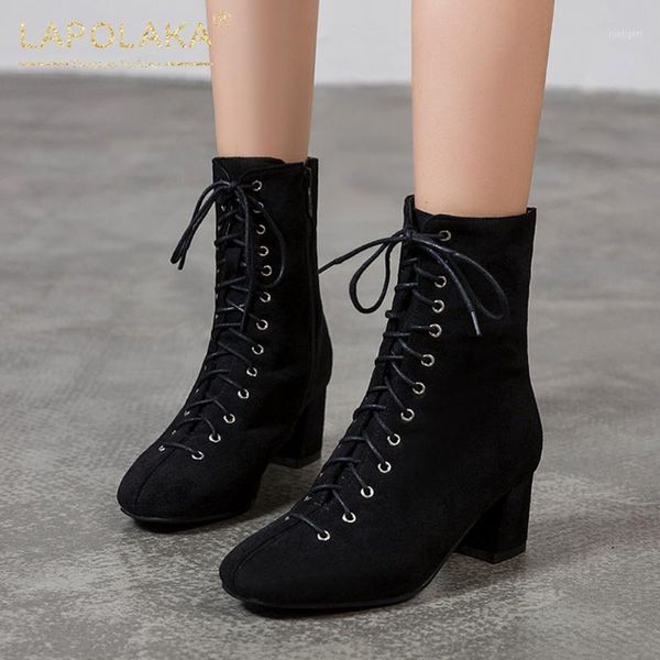 

boots lapolaka design 2021 plus size 45 ankle woman shoes rubber scrub chunky heels korean lace-up decorative ladies1, Black