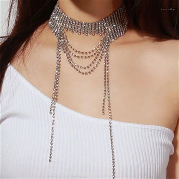 

women long bib necklace fringe rhinestone collar choker scarf statement trendy crystal bling tassel club party jewelry1, Golden;silver