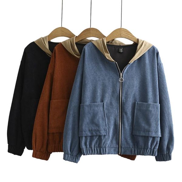 

2021 women corduroy jackets autumn winter hooded coat loose long sleeve oversized tunic shirt casual outerwear plus size, Black;brown