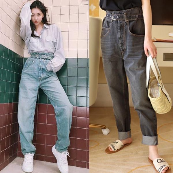 

2020 new women high waist jeans spring autumn ladies denim casual trouers with belt drop shipping, Blue