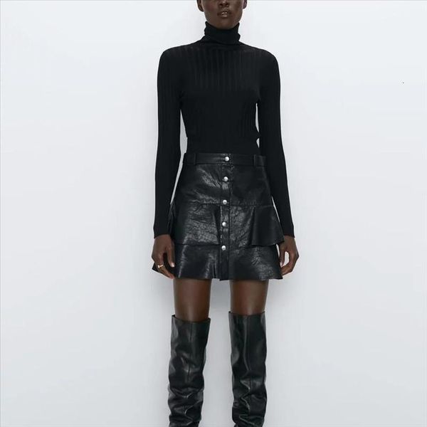 

za 2021 new spring womens black pu faux leather ruffled pleated mini skirt fashion high street casual female woman clothes