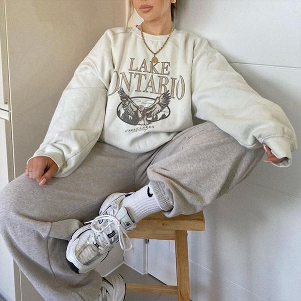

eagle letter print crewneck vintage loose oversized sweatshirts women 2021 winter fleece warm streetwear usa french fashion, Black