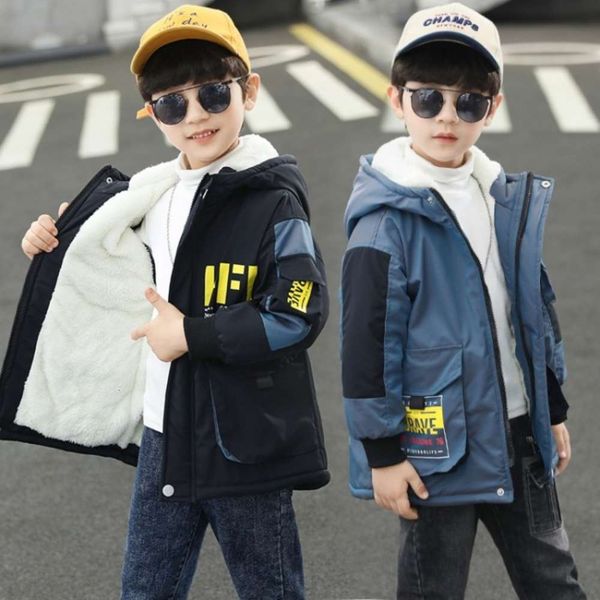 

zipper middle 2020 shirt boys' winter hooded school children's korean chameleon plush thickened windbreaker et fashion, Black