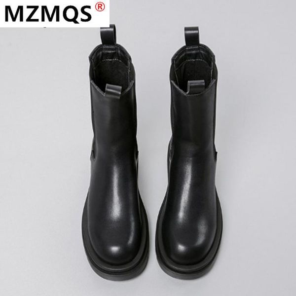 

boots 2021 winter women's fashion thick heel mid calf round head square high pu zapatos de mujer, Black