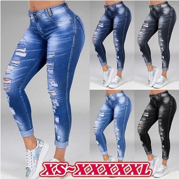 

women high waist ripped hole stretch denim jeans ladies plus size full length straight pants s-6xl1, Blue