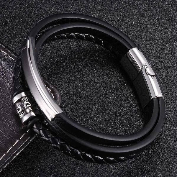 

trendy leather skull bracelets men stainless steel multilayer woven rope bangles male wristband punk jewelry accessories sp1000, Golden;silver