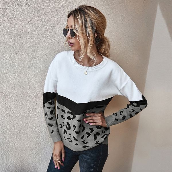 

autumn winter fashion leopard knitted sweater women new casual o-neck full sleeve pullovers 201224, White;black