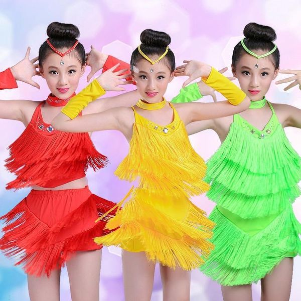 

high quanlity latin samba dancewear fringe child fancy salsa latin dance costume kids dancing dress latino girl tango clothing1, Black;red