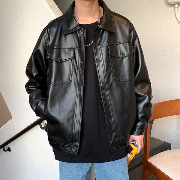 

faux leather jacket men casual lapel bomber punk button motorcycle biker coat streetwear relaxed fit black jacket for man