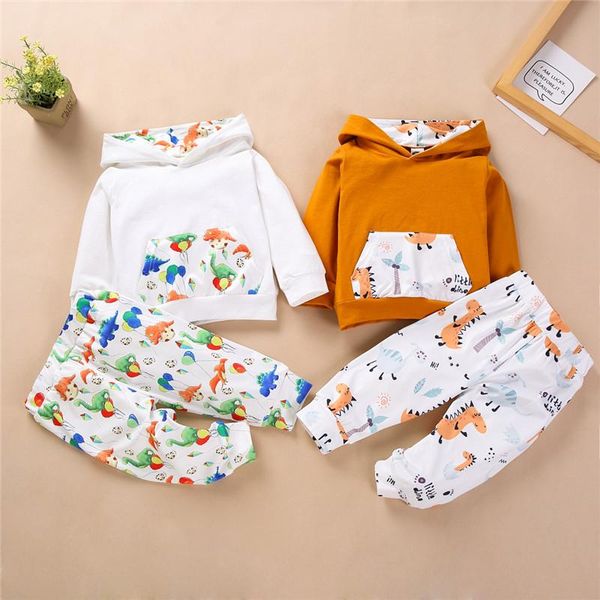 

baby boy clothing set dinosaur printed long sleeve hooded sweatshirt hoodies pants 3-24m infant spring fall casual cotton outfit, White