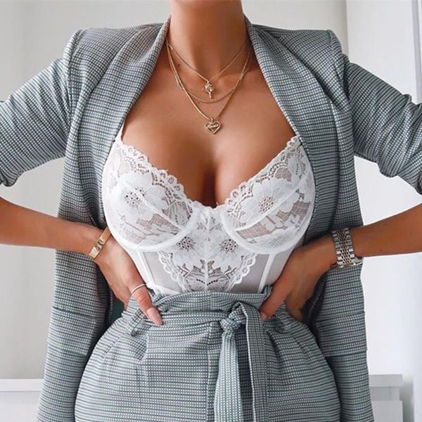 

women's jumpsuits & rompers yimunancy floral lace bodysuit women hallow out mesh 2021 spring 3 colors sheer teddies overalls, Black;white