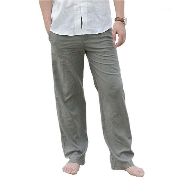 

men's pants summer casual cotton linen trousers loose large size 3xl beach elastic waist white khaki comfortable trousers1, Black