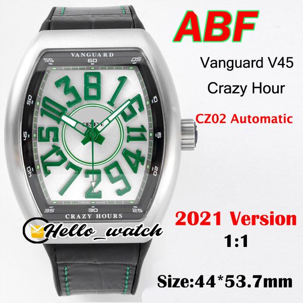 ABF новый 44 мм сумасшедший час Vanguard V45 3D зеленый белый циферблат CZ02 автоматические мужские часы 316L стальной корпус кожи / резиновые спортивные часы Hello_Watch