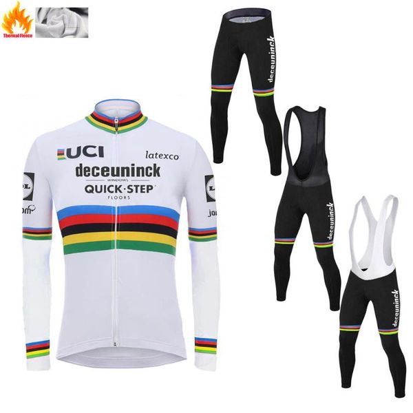 

winter cycling jersey set quick step world long bike pants ropa ciclismo men thermal fleece road 2020, Black;blue