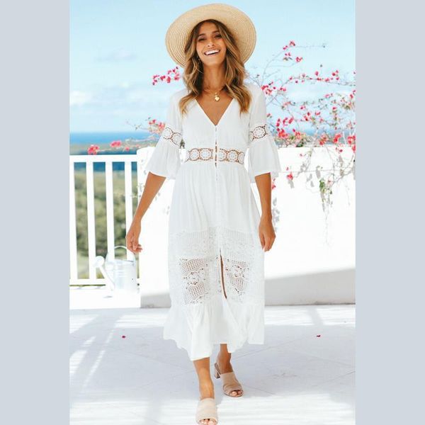 

bohemian sexy white low cut lace лоскутного платья женщина flare рукав элегантного пляж стиль оборки midi платье лето 2020 новый, Black;gray