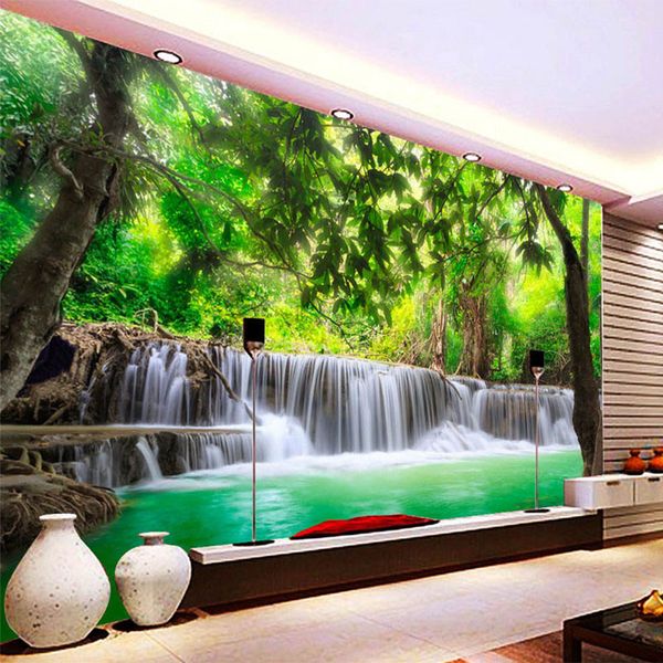 HD Forest River Cascata Sfondo decorativo Pittura murale 3D stereo paglia trama murale soggiorno sala da pranzo carta da parati roll