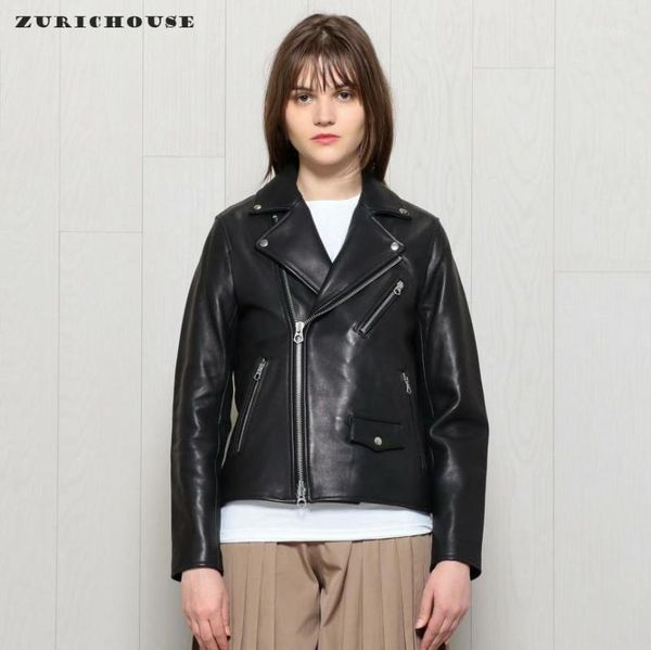 

zurichouse black biker jacket woman short slim sheepskin coat 2020 motorcycle genuine leather jacket women1