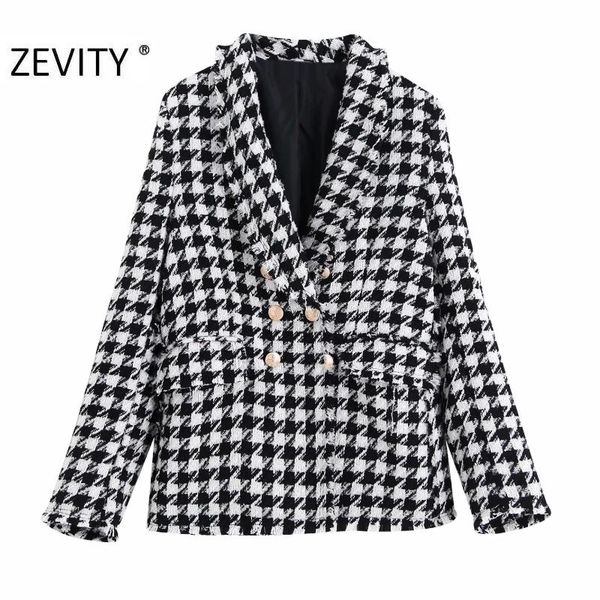 

zevity autumn winter new women vintage houndstooth plaid business coat female long sleeve double breasted jacket chic ct605, Black;brown
