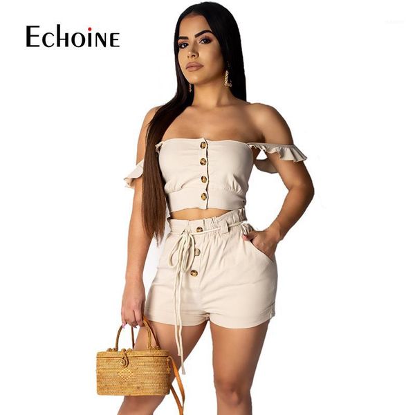 

two piece tracksuit women's suit slash neck crop shorts 2020 summer ruffle elastic romper overalls 2 piece matching set1, White