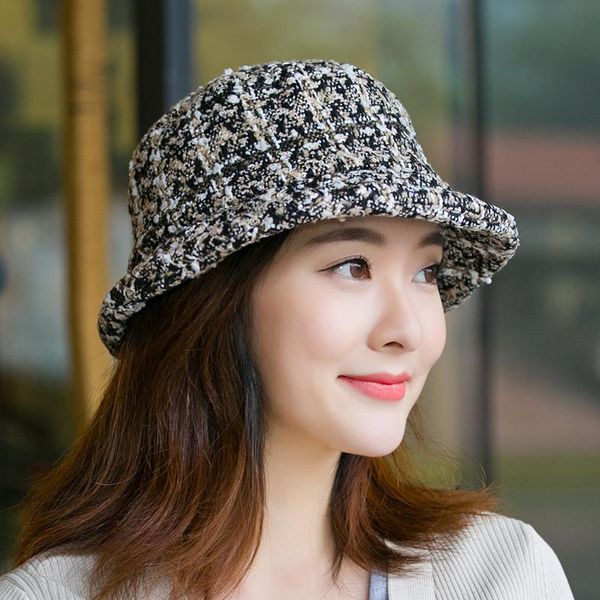 

wide brim hats h7698 women plaid knitted bucket hat ladies stylish elegant korean casual fisherman cap autumn winter fashion, Blue;gray