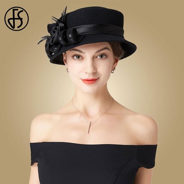 

fs vintage black wool fedora hat women with flowers wide brim bowler felt cloche winter fedoras ladies wedding hats, Blue;gray