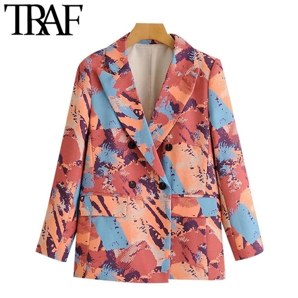 

traf women fashion double breasted print blazer coat vintage long sleeve pockets female outerwear chic 201114, White;black