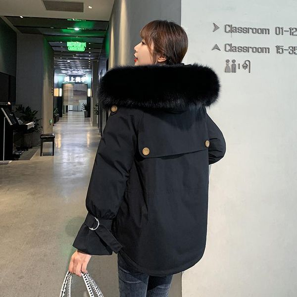 

new 2020 winter fashion korean style basic jacket coats women warm fur collar coat loose parkas female ladies jackets outwear, Black