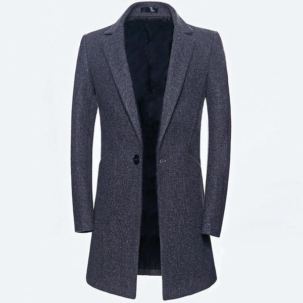 

men's wool & blends autumn winter male trench warm woolen overcoat medium long jacket thick single button windbreaker clothing, Black