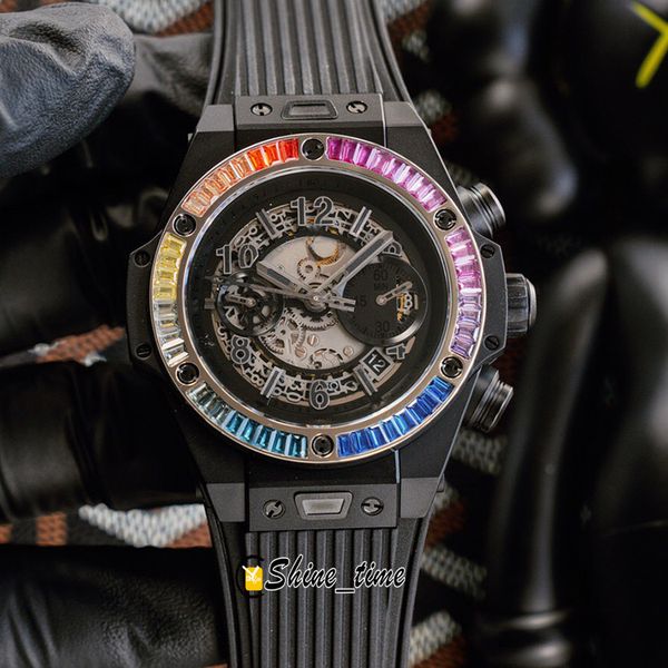

version unico 45 mm skeleton dial black titanium case diamond bezel 411.jb.4901.rt.4098 hub1241unico automatic mens watch rubber watches, Slivery;brown