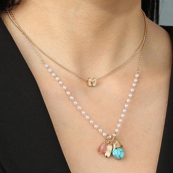 

new arrival jewelry fashion pearl doublelayer summer simple allmatch turquoise drop pendant lady fresh necklace female necklace wedding, Silver