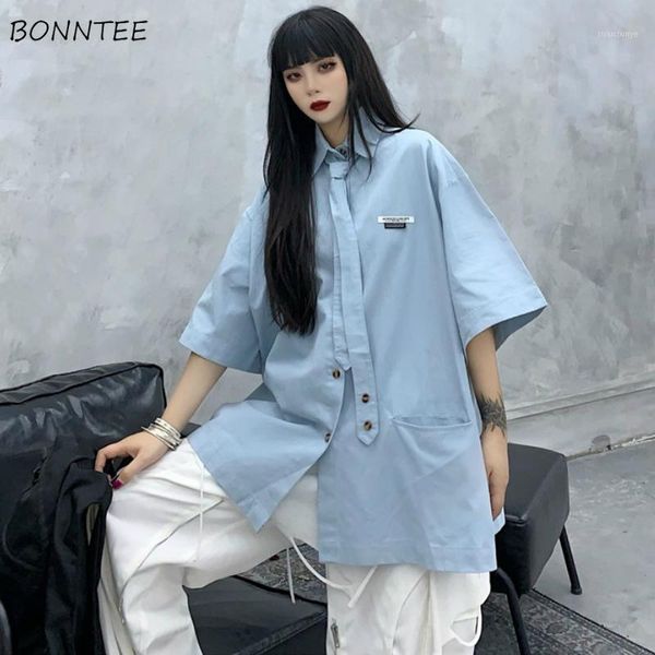 

shirts women summer simple preppy style bf couple loose casual oversize minimalist half sleeve turn down collar womens 2020 new1, White