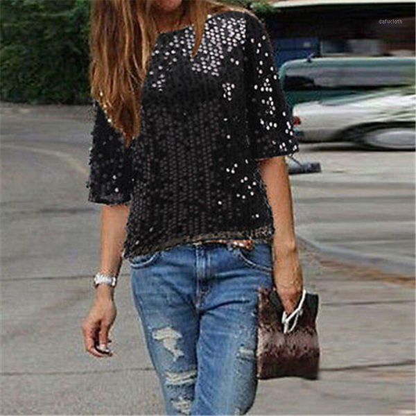 

fashion high street ladiesclothes short sleeve round neck glistening sequin blouse slim shirts unique design solid blouses1, White