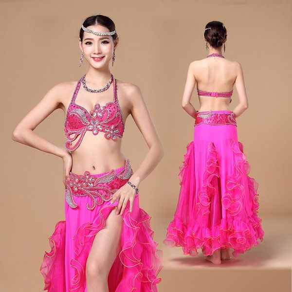 

women professional belly dance costume oriental dance costume set 3-pieces beaded bra bellydance belt belly skirts women, Black;red
