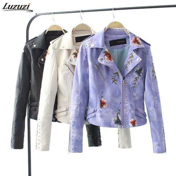 

women's leather & faux luzuzi women embroidery pu jacket turn-down collar casual autumn fashio motorcycle black punk coat outerwear