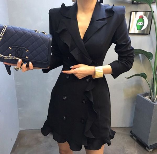 

autumn winter ruffle chiffon ol temperament slim white collar suit 8073 suit dress dress dress ch7cf, Black;gray