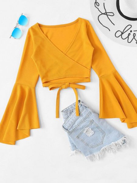 

bell sleeve wraparound self-tie crop h2dd#, White