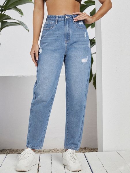 

high waist ripped mom fit jeans 49ao#, Blue
